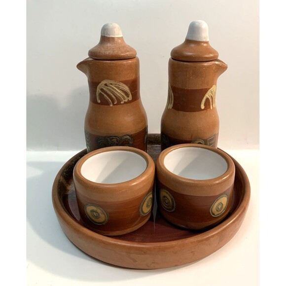 Seminario Pottery Urubamba Cusco Peru 7 Piece Oil Vinegar Tea Service Set Tray - Picture 1 of 13